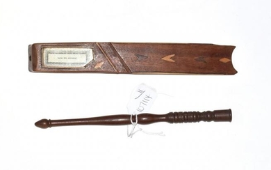 19th century mahogany knitting sheath, with glass aperture and printed...