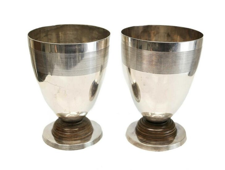 2 Christofle Silverplate Wood Footed Beakers, c1920