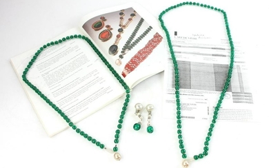(2) Simulated Emerald Bead Necklaces, Pair of Earclips
