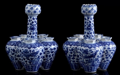 2 porcelain crocus vases with floral decor with birds