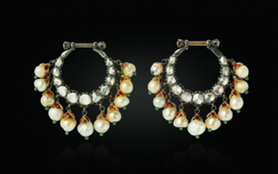A PAIR OF ANTIQUE DIAMOND, PEARL, GLASS AND ENAMEL EARRINGS