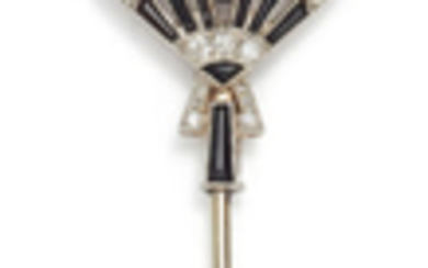 An Art Deco Diamond, Onyx, and Coral Jabot Pin
