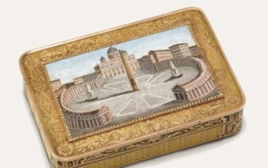 AN AUSTRIAN VARI-COLOUR GOLD SNUFF-BOX SET WITH A MICROMOSAIC PLAQUE, VIENNA, CIRCA 1820, THE PLAQUE ITALIAN, ROME, CIRCA 1815