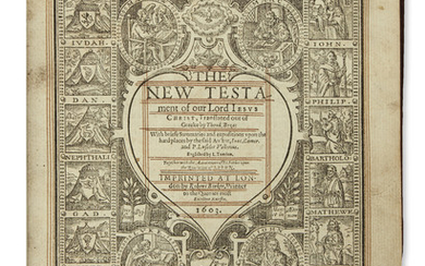 (BIBLE IN ENGLISH.) The New Testament. Title within woodcut historiated border showing the...