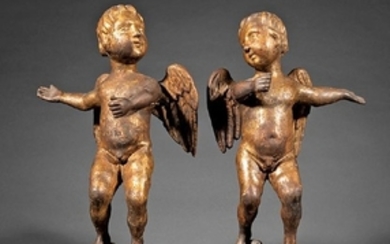 Pair of Carved and Patinated Giltwood Putti