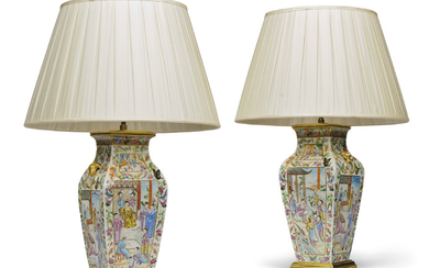 A PAIR OF CHINESE 'FAMILLE ROSE' LARGE FIGURAL VASES ADAPTED AS LAMPS, THE PORCELAIN 19TH CENTURY