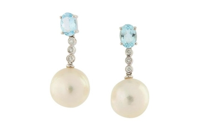 A pair of cultured pearl, aquamarine and diamond