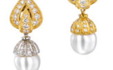 A pair of cultured pearl and diamond day/night ear clips,, Piaget