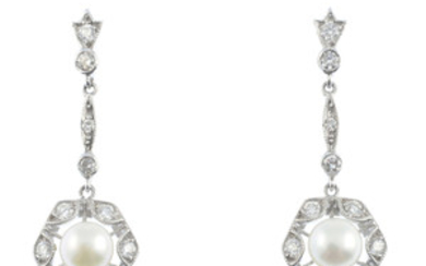 A pair of cultured pearl and diamond earrings. View more details