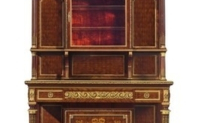 A FINE FRENCH ORMOLU-MOUNTED KINGWOOD, BOIS SATINE, MAHOGANY AND STAINED FRUITWOOD MARQUETRY AND PARQUETRY VITRINE-ON-STAND, BY FRANCOIS LINKE FOR MAISON KRIEGER, PARIS, CIRCA 1885