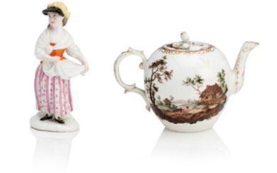 A Fürstenberg teapot and cover, circa 1760, together with a Fürstenberg figure of a lady, early 19th century