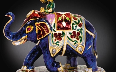 A JEWELLED GOLD AND ENAMEL ELEPHANT AND RIDER, INDIAN, PROBABLY SECOND HALF OF THE 19TH CENTURY