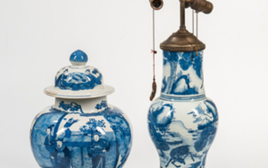Large Blue and White Covered Ginger Jar and a Lamp Vase