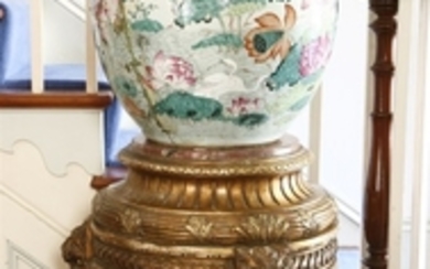 A large Chinese porcelain fish bowl