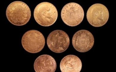Neuf pièces en or de 20 FF 1855 A - 1857…