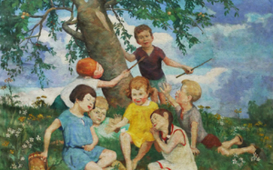 PIERRE VILLAIN, 62" Painting of 7 Children
