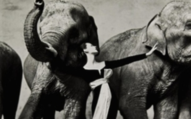 RICHARD AVEDON | 'DOVIMA WITH ELEPHANTS, EVENING DRESS BY DIOR, CIRQUE D'HIVER', PARIS, 1955