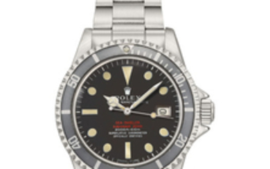 Rolex. A rare stainless steel automatic wristwatch with sweep centre seconds, helium gas escape valve, date, bracelet, brochure, retailer’s Sea-Dweller metal product display sign and box, SIGNED ROLEX, OYSTER PERPETUAL DATE, SEA-DWELLER, SUBMARINER...