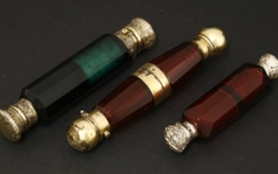 Three Victorian coloured glass double-ended scent bottles