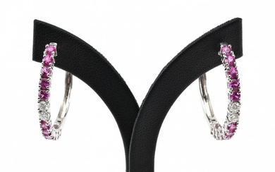 A PAIR OF RUBY AND DIAMOND HOOP EARRINGS IN 18CT WHITE GOLD