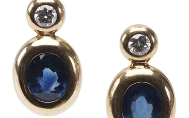 A PAIR OF SAPPHIRE AND DIAMOND EARRINGS-Each earring comprising a bezel set oval sapphire weighing 1.35cts, suspended on a round bri...