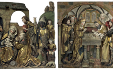 ATTRIBUTED TO HANS KLOCKER AND WORKSHOP (ACTIVE 1482-1500), SOUTH TYROL, CIRCA 1495-1500, A PAIR OF PARCEL-GILT POLYCHROME WOOD ALTARPIECE RELIEFS DEPICTING THE CIRCUMCISION AND THE ADORATION OF THE MAGI