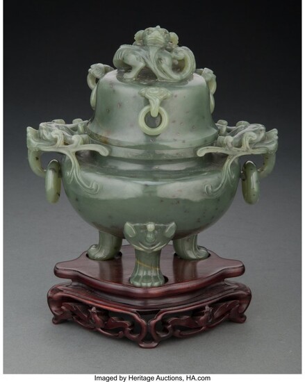 25020: A Chinese Spinach Jade Covered Censer, 20th cent