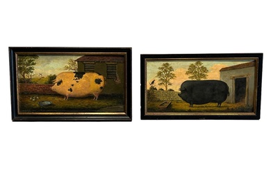 2pc. Lot of Oil on Board Paintings - Pigs frame...