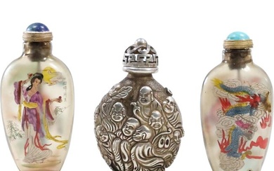 [3] Assorted Chinese Snuff Bottles; 2 Glass with Woman, Dragon; Silver Plate Signed Snuff Bottle