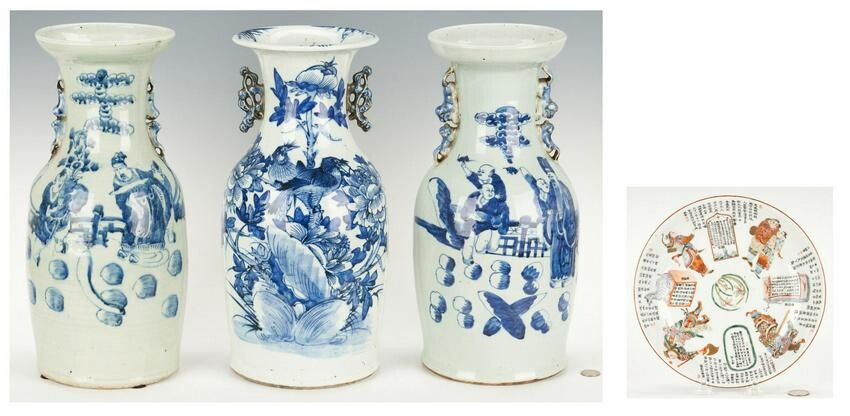 3 Blue and White Porcelain Vases and Chinese Warrior