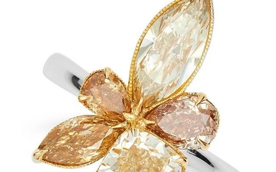 4.60 FANCY YELLOW DIAMOND RING set with cushion, pear
