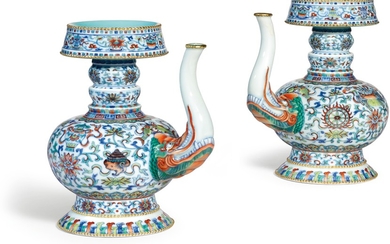 AN EXCEPTIONAL AND RARE PAIR OF DOUCAI TIBETAN-STYLE EWERS SEAL MARKS AND PERIOD OF QIANLONG