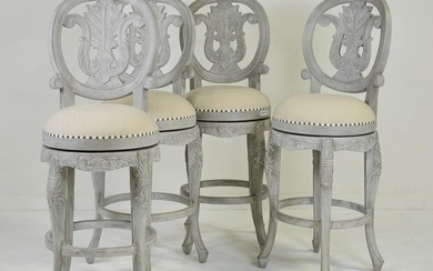 4 Carved Painted Swivel Bar Stools