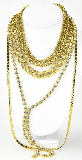 5 Vintage Costume Gold Tone & Rhinestone Necklaces