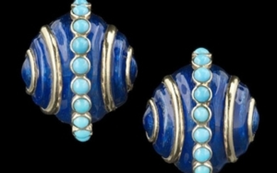 Pair of Turquoise and Enamel Ear Clips
