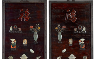 A pair of zitan-framed jade and hardstone inset lacquer panels