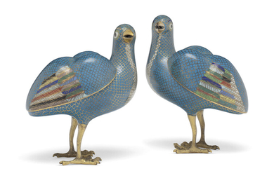 A PAIR OF CHINESE CLOISONNÉ ENAMEL QUAIL-FORM CENSERS AND COVERS, QING DYNASTY, LATE 18TH CENTURY