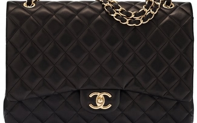 58020: Chanel Black Quilted Lambskin Leather Jumbo Doub