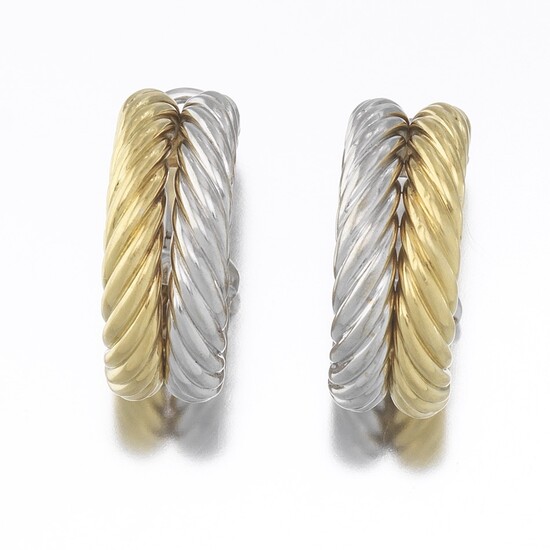 Ladies' Italian Two-Tone Gold Cable Style Pair of Hoop Earrings