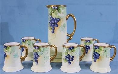 7 piece hand painted Limoges tankard set, 13.5 in. T.