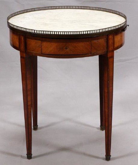 FRENCH WALNUT & FRUITWOODS ROUND TABLE, MARBLE TOP