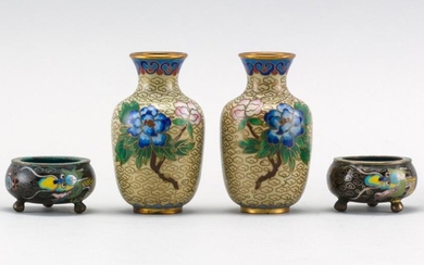 FOUR PIECES OF MINIATURE CHINESE CLOISONNÉ ENAMEL A pair of baluster-form vases with blue peonies on a yellow cloud-filled ground, h...