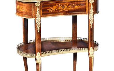 A Napoleon III gilt bronze mounted rosewood, bois satine and marquetry table en chiffoniere by Maison Giroux