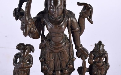 A 17th/18th Century Bronze of Shiva in Uirbhadra (Warrior Form) flanked by Daksa and Sati. South Ind