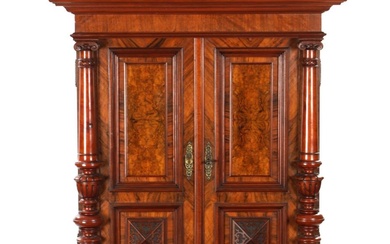 A 19TH CENTURY BURR WALNUT SIDE CABINET with carved...