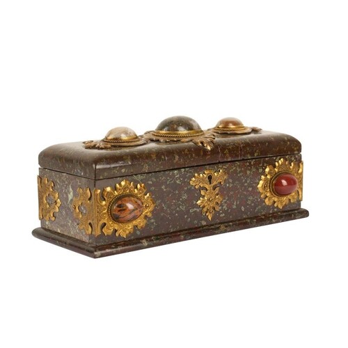 A 19TH CENTURY ENGLISH SERPENTINE MARBLE, ORMOLU AND HARD ST...