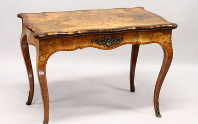 A 19TH CENTURY FIGURED WALNUT FOLD-OVER CARD TABLE, of