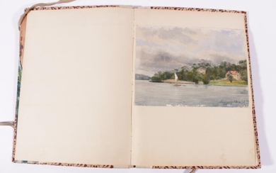 A 19th Century Artist's Folio, including three original watercolours and one pencil drawing, some pages lacking 34.5cm x 25cm