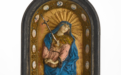 A 19th century Italian sacral cabinet, “Videte si est dolor sicut dolor meus”, A wax figure depicting the Virgin Mary with a pierced heart surrounded by 13 miniature paintings.