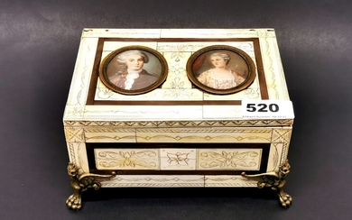 A century continental ivory covered music box inset with two handpainted portrait miniatures, 19 x 14 x 10cm.